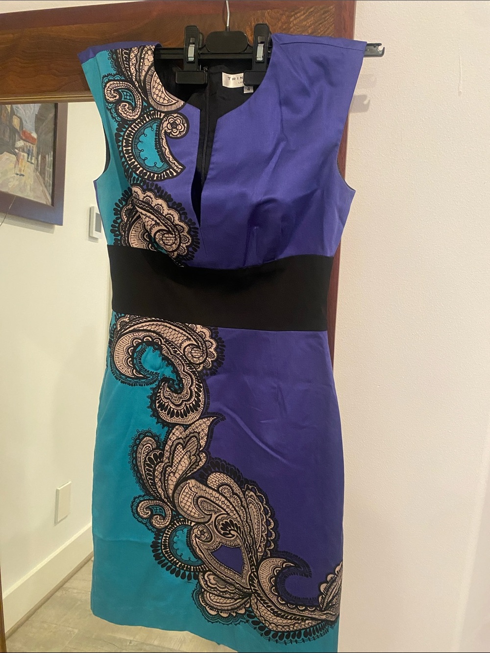 Trina Turk Teal & Purple Paisley Sheath Dress with Black Waistband